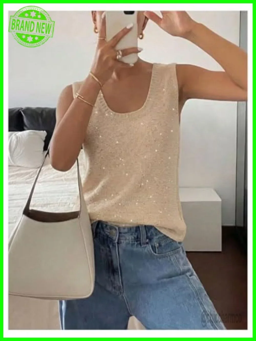 Sequin Embellished Sleeveless Knit Sweater Vest Scoop Neck Tank Top